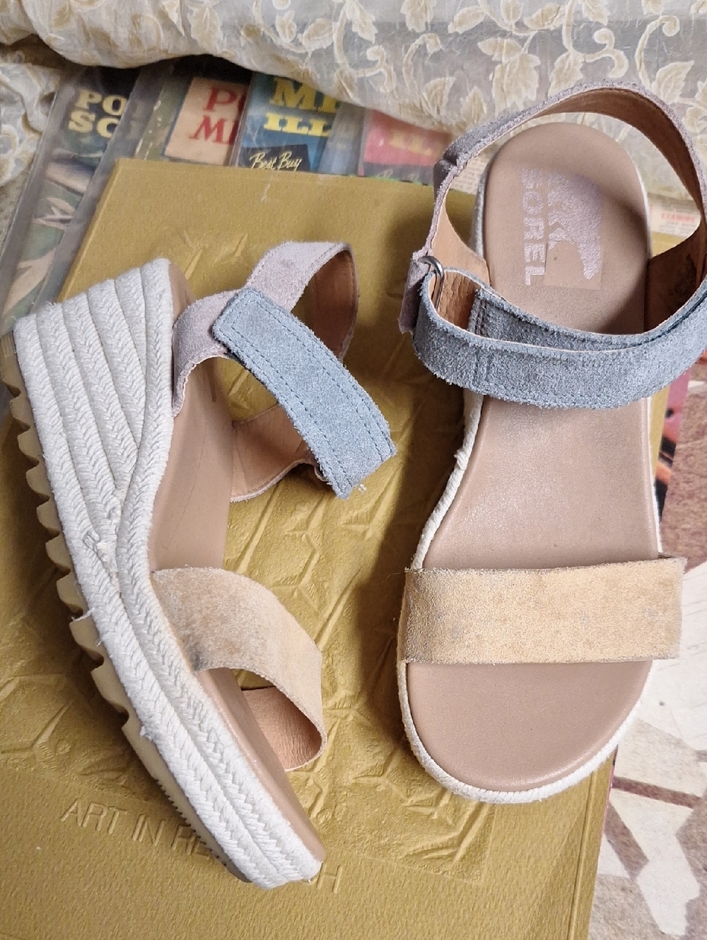 Sorel Two-Tone Suede Espadrille Wedge Sandals - Tan & Light Blue